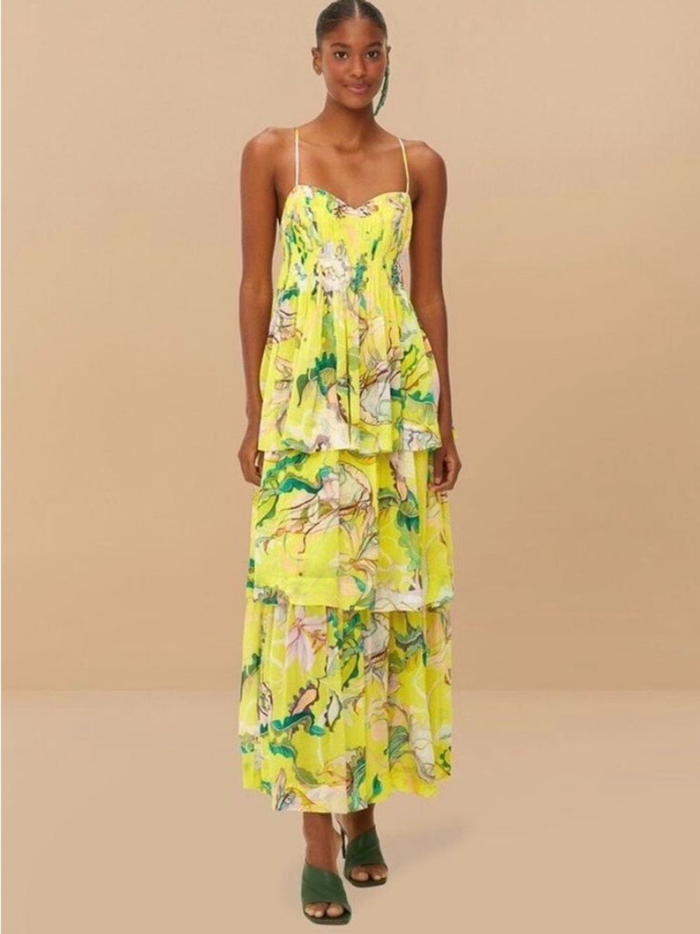 Farm Rio Yellow Jellyfish Bouquet Layered Maxi Dress